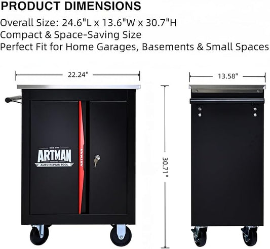 Heavy Duty Tool Chest, Lockable Stainless Top, Black&Red | Double-Door Mobile Tool Cabinet on Wheels for Garage Workshop and Storage