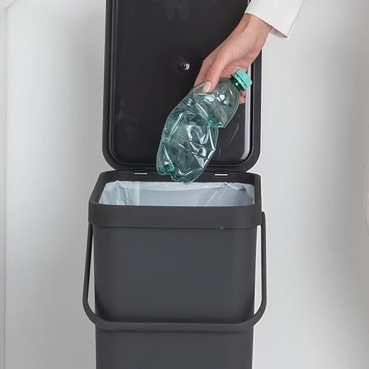 Brabantia Sort & Go Kitchen Recycling Bin | L / 10.6 Gal / 40L | Dark Gray | Removable Stay-Open Lid, Carry Handle | Trash Can for Bottles, Cans, Paper, Glass | Wall Bracket Sold Separately