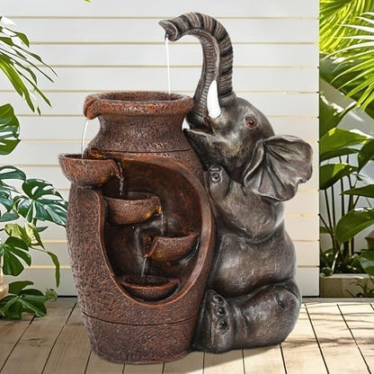 AUTODAYA 19" H Elephant Statue Outdoor Water Fountain with Warm LED Lights | Rustic Farmhouse Water Feature with Tranquil Cascading Waterfall for Garden Patio Yard Deck Kitchen Floor Tabletop Decor