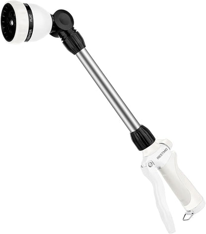 RESTMO Heavy Duty Metal Hose Wand, Watering Wand for Garden Hose | 180° Swivel Ratcheting Head, 16'' Hose Sprayer, 7 Spray Patterns, Flow Control, Ideal for Hanging Baskets & Shrubs, White