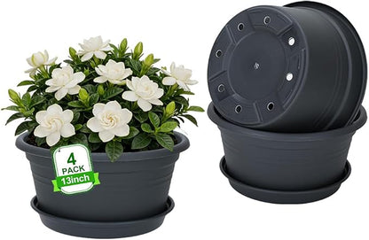 MRPAPA 4Pack Round Plastic Pots for Plants, Outdoor Planters with Drainage Hole & Tray Saucer, Decoration Large Flower Pots for Indoor Outdoor Garden Home Plants (4, Dark Gray, 13 Inch)