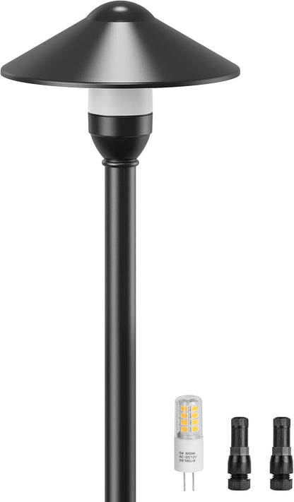 PARTPHONER Low Voltage Landscape Lighting 1-Pack, Aluminum 12V Pathway Lights with G4 Bulbs, Waterproof Stylish Matte Black Color Round Shade Path Lights with Connectors for Walkway Yard Garden