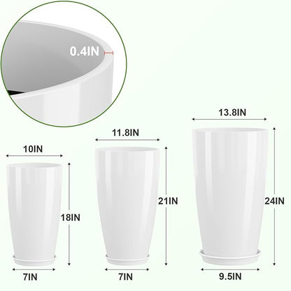 QCQHDU 24, 21, 18 inch Tall Planters for Outdoor Plants, with Drainage Hole & Saucer, Set of 3 Tall Outdoor Planter for Indoor & Outdoor Plants, Modern Home Decor