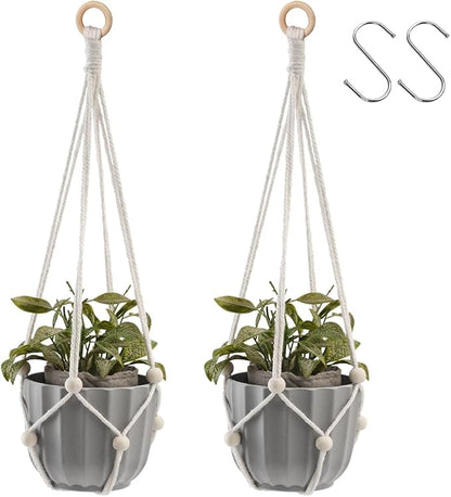 Artilady Hanging Planter for Indoor Plants Adjust Bead Macrame Plant Hanger | White Plant Holder, Large Hanging Baskets for Plants Outdoor, No Tassels, Farmhouse Rustic, Window Balcony Home Decor, 2Pcs