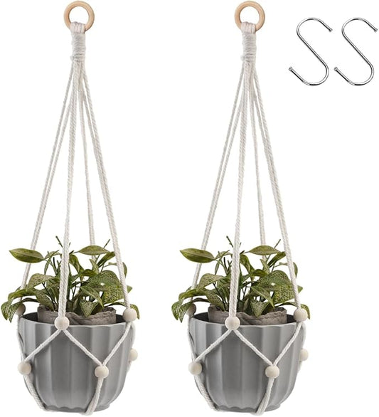 Artilady Hanging Planter for Indoor Plants Adjust Bead Macrame Plant Hanger | White Plant Holder, Large Hanging Baskets for Plants Outdoor, No Tassels, Farmhouse Rustic, Window Balcony Home Decor, 2Pcs