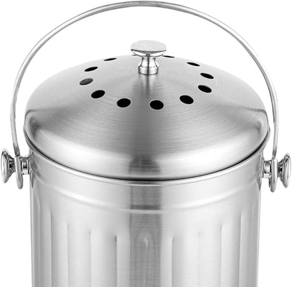 Restaurantware RW Clean 1.3 Gallon Countertop Food Waste Bin 1 Compact Food Waste Container - Avoids Rusting Airtight Lid Stainless Steel 201 Countertop Compost Bin Charcoal Filter