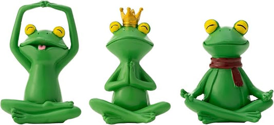 Set of 3 Meditating Green Frog Statues - Resin Zen Yoga Frogs Decor Sculptures - Small Cute Animal Figurines for Room, Shelf, Garden Patio - Relaxation Desk Decor & Gifts for Women