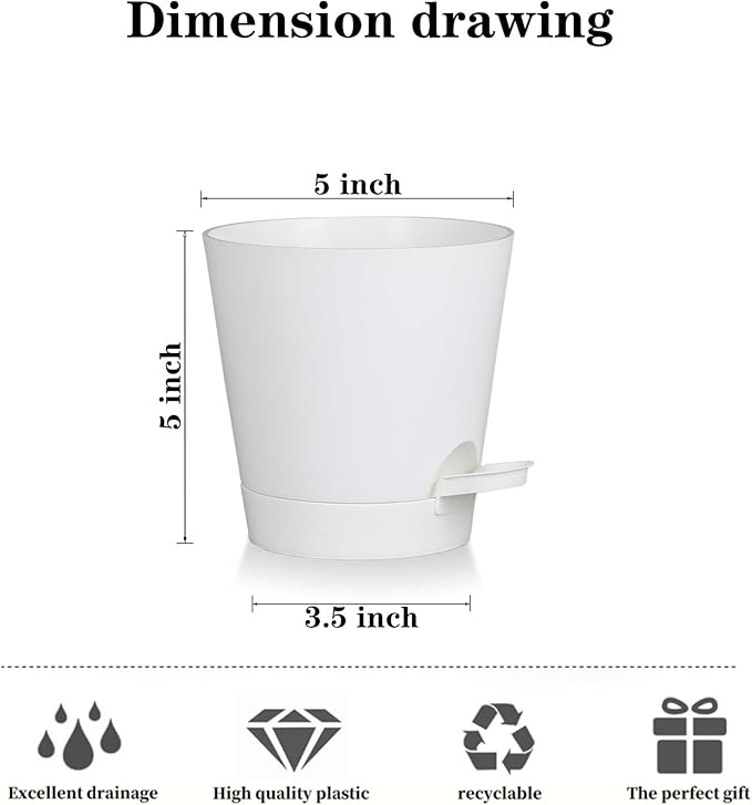 5 Pack 5 Inch African Violet Pots Self Watering, Self-Watering Planters with Drainage Holes & Reservoir, White Plastic Pots for Indoor Outdoor Plants, Succulents & Flowers