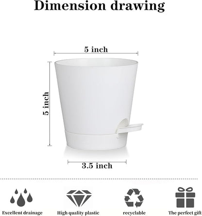 5 Pack 5 Inch African Violet Pots Self Watering, Self-Watering Planters with Drainage Holes & Reservoir, White Plastic Pots for Indoor Outdoor Plants, Succulents & Flowers