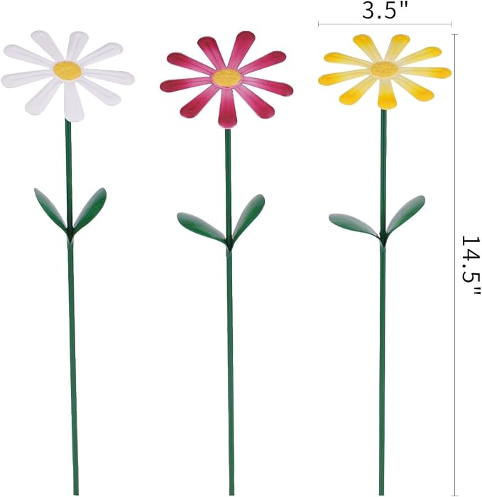 Topadorn Set of 3 Metal Daisy Garden Stakes, Decorative Flower Garden Stakes for Planters, Flower Beds, Lawn & Patio, 14.5 Inch