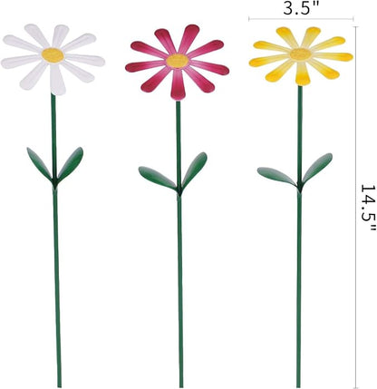 Topadorn Set of 3 Metal Daisy Garden Stakes, Decorative Flower Garden Stakes for Planters, Flower Beds, Lawn & Patio, 14.5 Inch