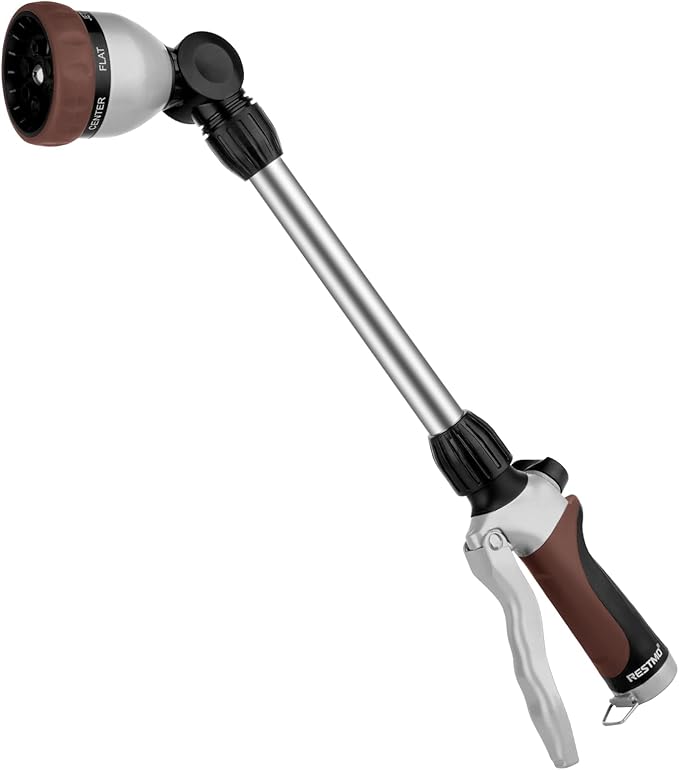 RESTMO Heavy Duty Metal Hose Wand, Watering Wand for Garden Hose | 180° Swivel Ratcheting Head, 16'' Hose Sprayer, 7 Spray Patterns, Flow Control, Ideal for Hanging Baskets & Shrubs, Brown