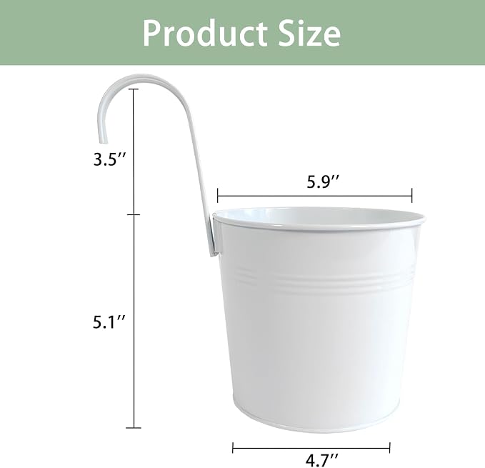 6 Pack Hanging Flower Pots, 6" White Metal Balcony Planters for Herb Succulent, Samll Railing Fence Hanging Bucket for Outdoor/Indoor Decoration (White, Pack of 6)