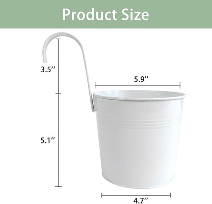 6 Pack Hanging Flower Pots, 6" White Metal Balcony Planters for Herb Succulent, Samll Railing Fence Hanging Bucket for Outdoor/Indoor Decoration (White, Pack of 6)