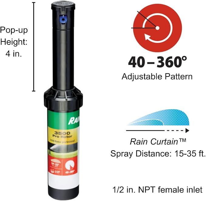Rain Bird 3500 Pro Rotor with Rain Curtain Nozzle Set, 40° - 360° Pattern, 19' - 32' Spray Distance