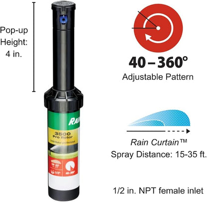Rain Bird 3500 Pro Rotor with Rain Curtain Nozzle Set, 40° - 360° Pattern, 19' - 32' Spray Distance
