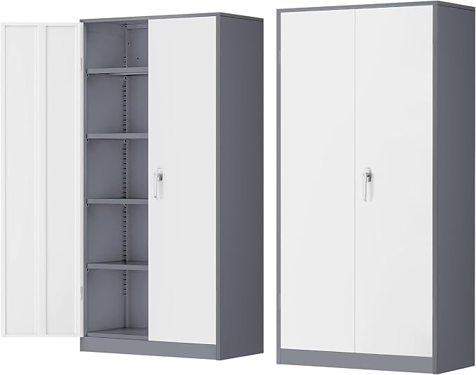 INTERGREAT Metal Storage Cabinet Doors, 72" Locking Steel Storage Cabinet with Shelves, Tall Lockable Steel Cabinets for Home Office, Garage(New Grey)