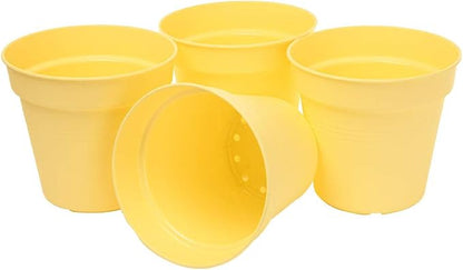 Mintra Garden Pots, 4 Pack Bulk Plastic Plant Pots with Drainage Tray, Round Indoor & Outdoor Decorative Planters with Drain Holes for Flowers, Herbs & Plants, 11cm Diameter – Yellow, 4.3 in