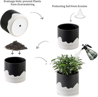 Nihow Ceramic Plant Pot,6 Inch Planter with Drainage Hole&Saucer for Indoor | Black &White,Indoor & Outdoor, Cylinder Round Flower Pot, For Succulent/Herbs/Violets