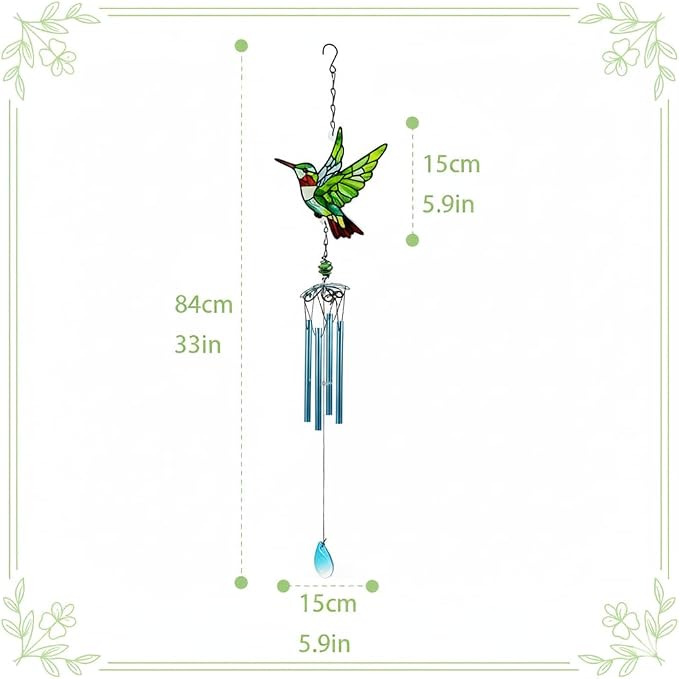 Wind Chimes for Outside, Green Stained Glass Hummingbird Wind Chime, Deep Tone Memorial Gifts for Women Mom Grandma, Durable Metal Garden Patio Yard Window Decoration