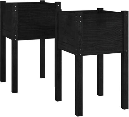 vidaXL Garden Planters - Set of 2, Strong Solid Pinewood Construction, Ideal for Flowers & Plants, Black, Weather-Resistant, 15.7"x 15.7"x27.6"