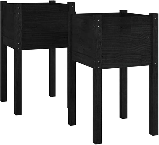 vidaXL Garden Planters - Set of 2, Strong Solid Pinewood Construction, Ideal for Flowers & Plants, Black, Weather-Resistant, 15.7"x 15.7"x27.6"