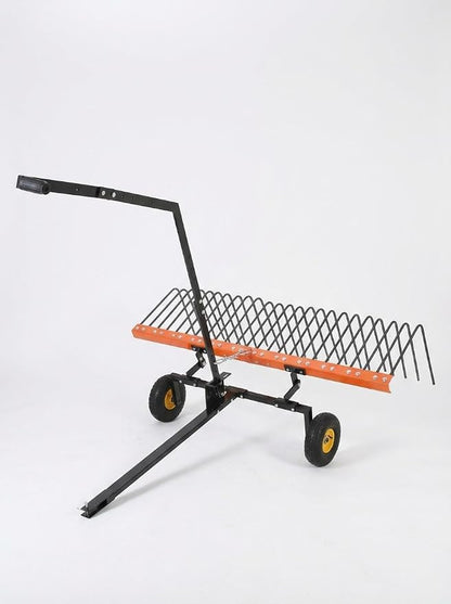 60 Inch Tow Behind Lawn Dethatcher, Tow Behind Steel Pine Straw Rake | with 24 Durable Spring Steel Tines for ATV or Mover Tractors, Designed to Pull Behind Lawn and Garden Tractors, Orange