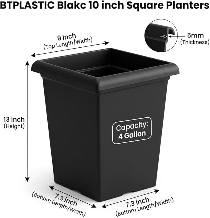 10 inch Square Planters - 4 Pack Deep 13 inch Plastic Plant Pot with Drainage Holes & Raised Feet, Matte Black 4 Gal Heavy Duty Thick Indoor Outdoor Flower Pot for Trees, Roses, Tomatoes