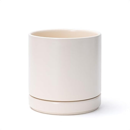 D'vine Dev 6.5 Inch Ceramic Planter Pot, Oatmeal, 94-O-C-8 | Modern Cylinder Design, Drainage Hole & Saucer Included, Stable Structure, Elegant Home Accent