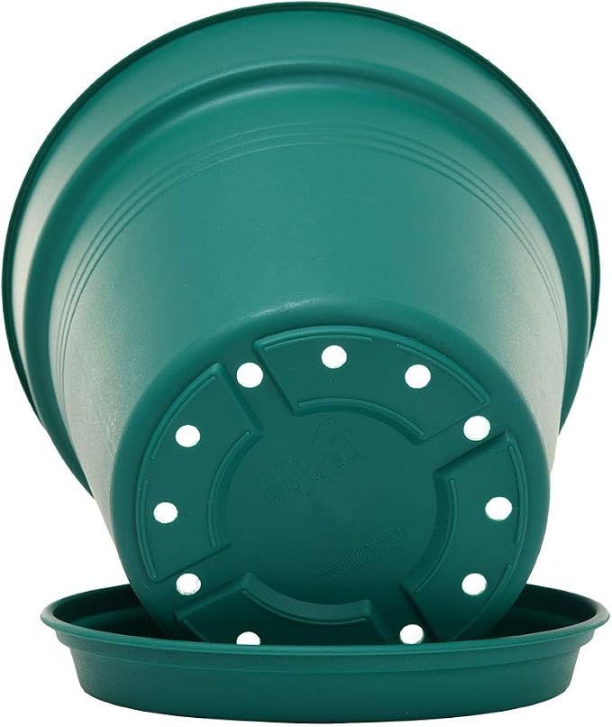 Mintra Garden Pots, 4 Pack Bulk Plastic Plant Pots with Drainage Tray, Round Indoor & Outdoor Decorative Planters with Drain Holes for Flowers, Herbs & Plants, 13cm Diameter – Forest Green, 5 in