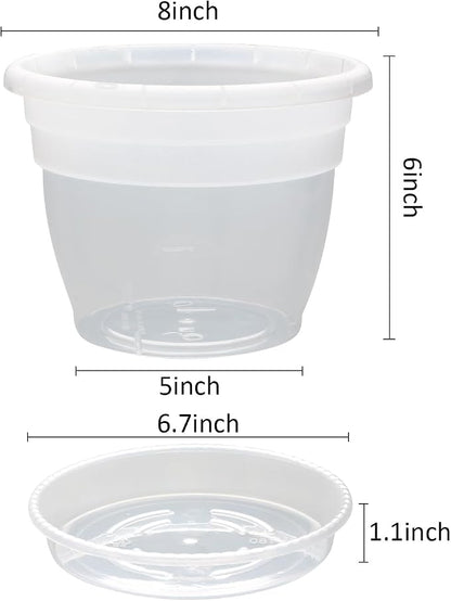 RooTrimmer 8 Inch Clear Nursery Pots with Drainage Holes and Clear Saucers,Transparent Flower Planters for Indoor Outdoor Plants,Thick Plant Pots for Herbs Succulents (10 Pack)
