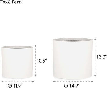 Fox & Fern Large Indoor Planter, Modern Large Plant Pot for Indoor or Outdoor, UV and Frost Resistant - Set of 2: 12 and 14.6 Inch, White Flower Pot with Drainage Plug, Lightweight