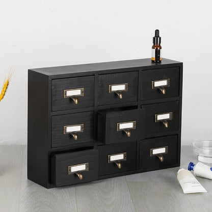 Apothecary Drawers Apothecary Cabinet with Drawers, Black | 9 Drawer Library Card Catalog, Wooden Storage Box, Wooden Desktop Organizer with Metal Handles-Fulled Assembled
