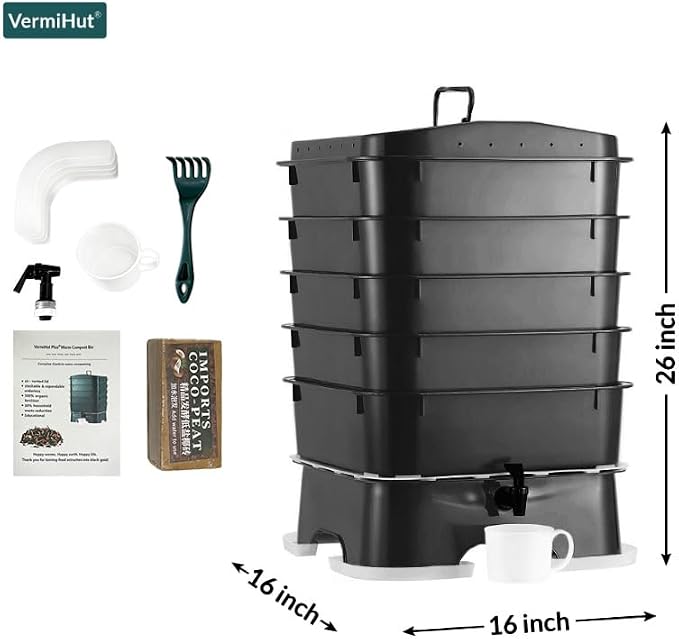 The Original VermiHut® Plus 5-Tray Worm Composter – Indoor & Outdoor Vermicomposting Bin | Sustainable Design for Food Waste Recycling- Black