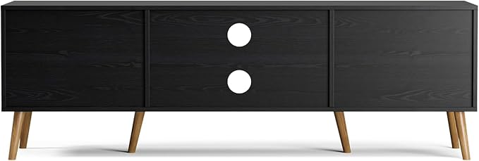 ZttRiee TV Stand with Rattan Doors for TVs up to 65", Mid-Century, Black | 54.7"W x 15.7"D x 18.9"H, 150 lbs capacity, 2 rattan-door cabinets & 1 shelf (4 compartments), 2 cord holes, 6 wood feet