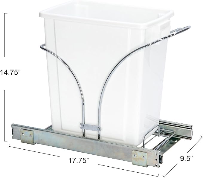 Household Essentials Glidez Chrome-Plated Steel Pull-Out/Slide-Out Discreet Single 5 Gallon Plastic Trash Can for Under Cabinet Use - Fits Standard Size Cabinet, Chrome and White