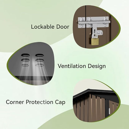 COMHOMA Shed Outdoor Storage Shed Metal,Lockable Doors Tool Sheds with Sloping Roof,Steel Garden Shed with Air Vent for Backyard,Patio,Lawn,Poolside(Brown,8'x6') | Sloping Roof and Air Vent Perfect for Backyard Patio Lawn and Poolside