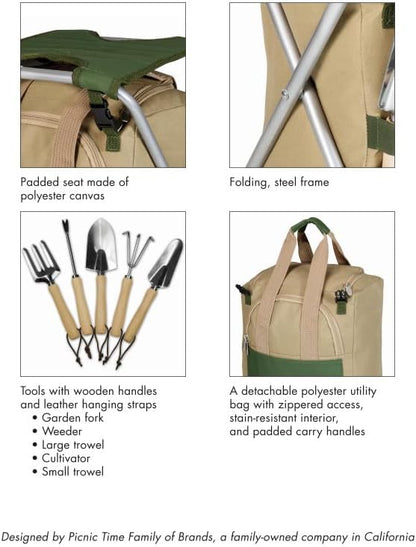 PICNIC TIME Disney Mickey Mouse Gardener Folding Seat with Tools, Folding Garden Stool with Detachable Tote and Hand Tool Set Organizer, Portable Gardening Chair, (Olive Green with Beige Accents)