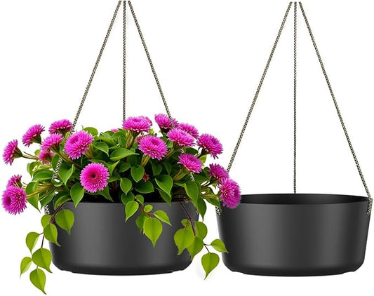 Asnext 10.7 Inch Hanging Planter for Outdoor Indoor Plants，2 Pack Hanging Flower Pots with Drain Holes for Garden Home Decor Use (Black)