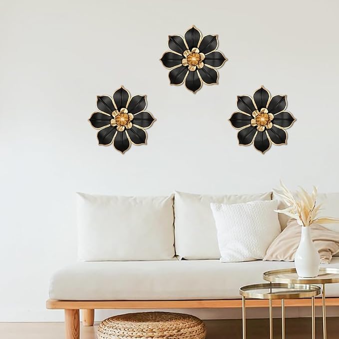 Metal Flowers Wall Decor Black and Gold Wall Art Decorations Hanging 3 Pc Rustic Modern Floral Sculpture Wall Accent Artwork Indoor Outdoor for Bathroom Kitchen Bedroom Living Room Patio Porch 10 Inch