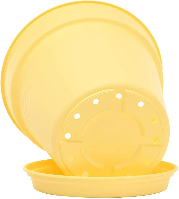 Mintra Garden Pots, 4 Pack Bulk Plastic Plant Pots with Drainage Tray, Round Indoor & Outdoor Decorative Planters with Drain Holes for Flowers, Herbs & Plants, 19cm Diameter – Yellow, 7.5 in