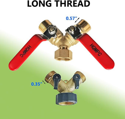 HQMPC Garden Hose Y Valve Splitter With Stainless Steel Long Handle - Brass 2 Way Water Adapter, 3/4" GHT Thread