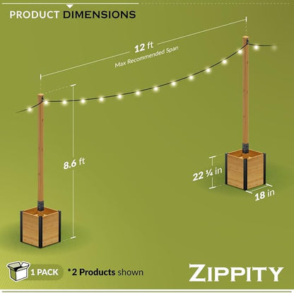 8.5ft H (1 Post w/Planter Box) Freestanding Zippity Concord String Light Post for Outdoor Hanging Lights, Outdoor Lamp Poles for Balcony Illumination, Patio Decor for String Glow, ZP19081