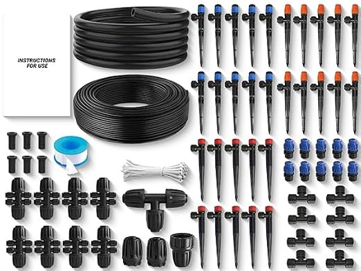 1/2" Drip Irrigation System Kit with 40 Adjustable Nozzles, PE UV-Resistant | Quick-connect, 2X Lifespan of PVC , Leak-Proof for Indoor Pots, 40FT 1/2" Main tube+ 197FT 1/4" Tube, 4 Nozzle Types