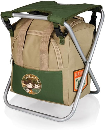 PICNIC TIME Disney Mickey Mouse Gardener Folding Seat with Tools, Folding Garden Stool with Detachable Tote and Hand Tool Set Organizer, Portable Gardening Chair, (Olive Green with Beige Accents)