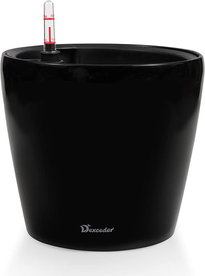 Dexceder 11x10 Self Watering Planter (Black High Gloss) | Inner Pot Design, Thickened Table Flower Plant Pot with Water Level Indicator Indoor Outdoor