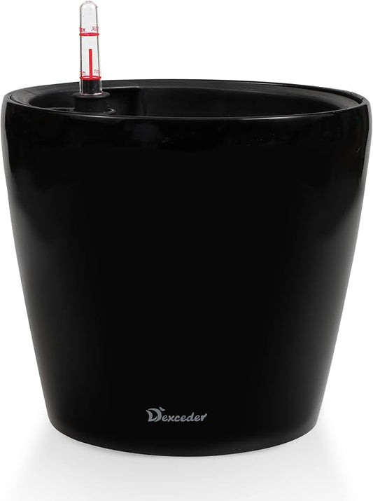Dexceder 11x10 Self Watering Planter (Black High Gloss) | Inner Pot Design, Thickened Table Flower Plant Pot with Water Level Indicator Indoor Outdoor