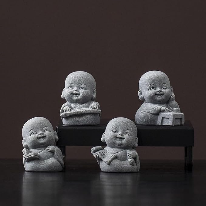 4Pcs Laughing Buddha Statue Feng Shui Decor, Cut Zen Monk Buddha Statue for Praying, Monk Sandstone Figurine Ornaments for for Home Decor or Garden Outdoor (4 Little Zen Monks)