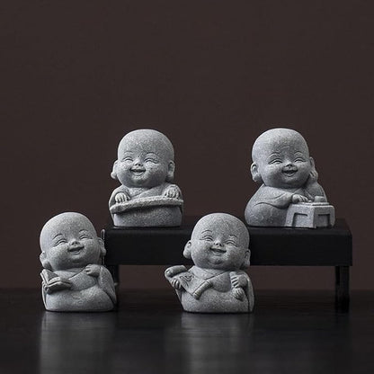 4Pcs Laughing Buddha Statue Feng Shui Decor, Cut Zen Monk Buddha Statue for Praying, Monk Sandstone Figurine Ornaments for for Home Decor or Garden Outdoor (4 Little Zen Monks)
