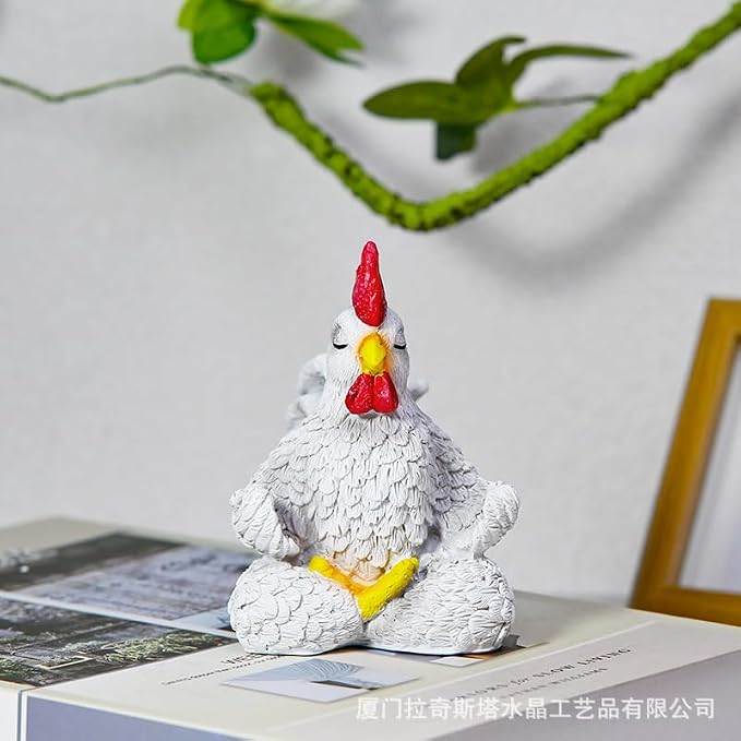 Yoga Rooster Ornament, Chicken Buddha Zen Figurine Resin Sit in Meditation Rooster Statue Rustic Farmhouse Bird Sculpture Gift Handmade Decoration for Home Patio Yard Lawn Garden (White)